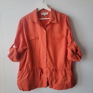 Jones new york womens 100% linen tie waist shirt sz xl button up roll-tab sleeve